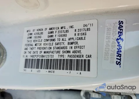 2011 Honda Accord Lx из США, поврежденный, VIN 1HGCP2F35BA123720